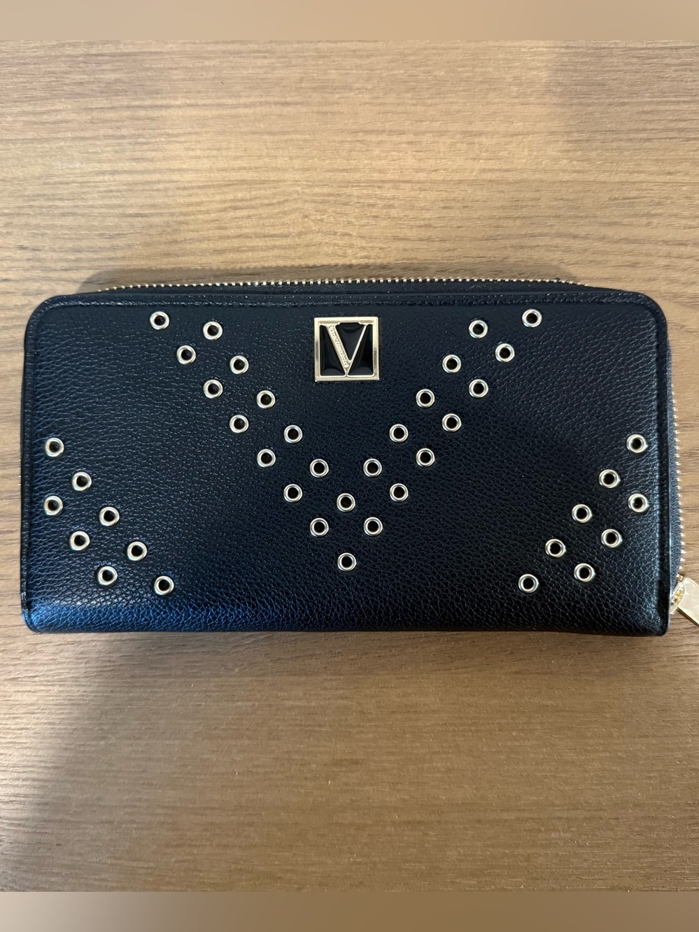 Victoria's Secret Black Studded Gold Logo Zip Around Wallet Clutch Organizer